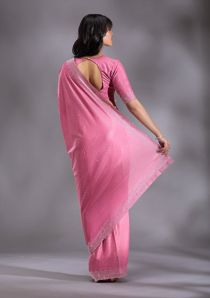 Pink Silver Stonework Satin Saree