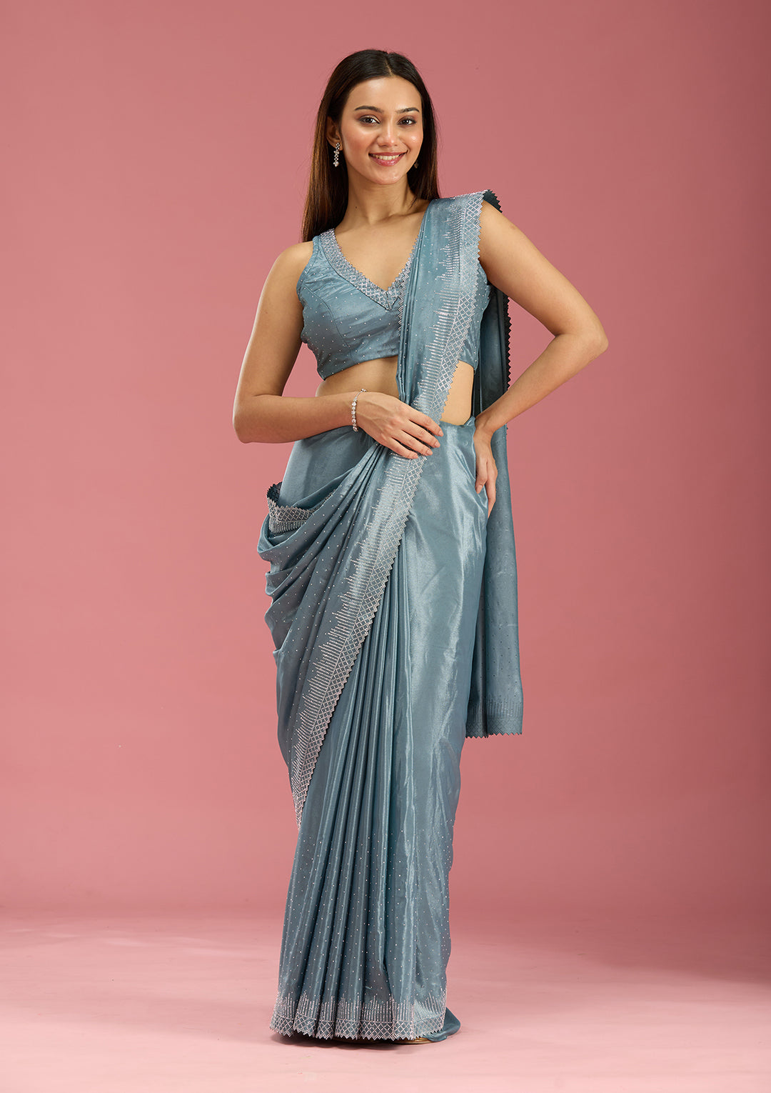 Teal Green Stonework (Silver) Satin Saree