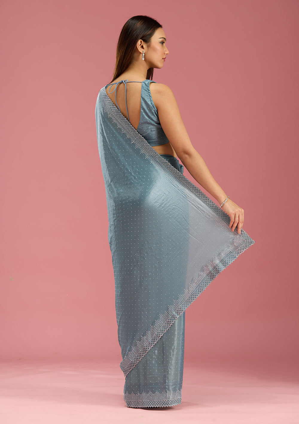 Teal Green Stonework (Silver) Satin Saree