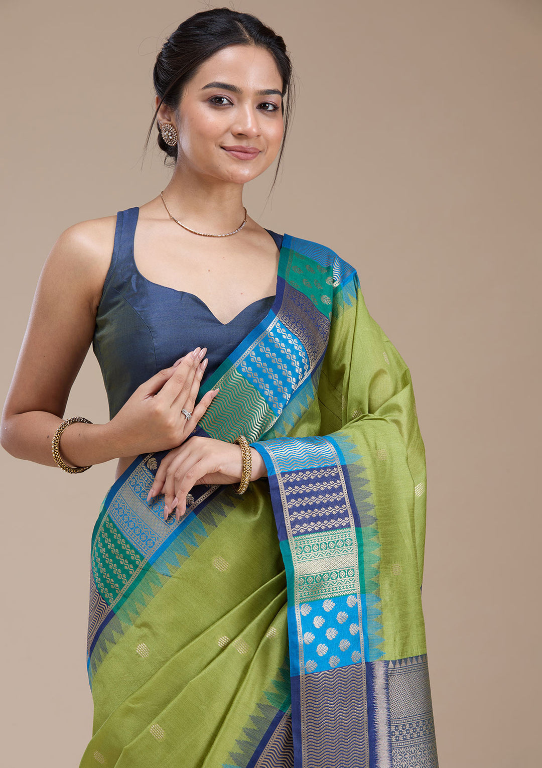 Leaf Green Printed Art Silk Saree