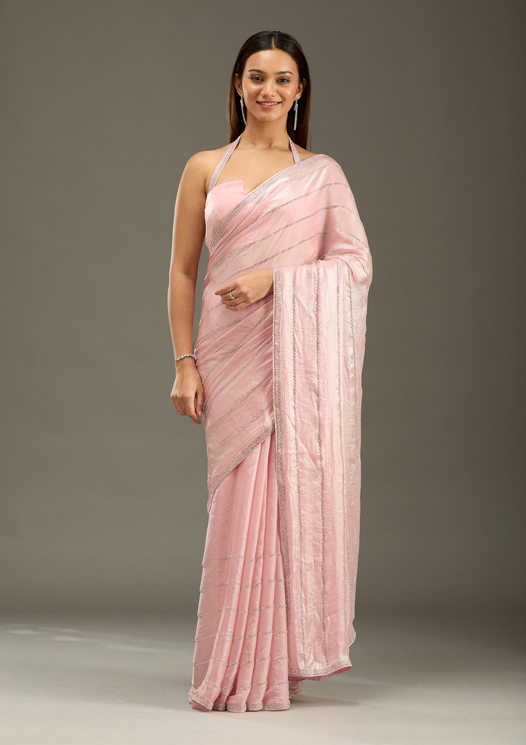 Gajari Pink Zariwork (Gold) Chinon Saree