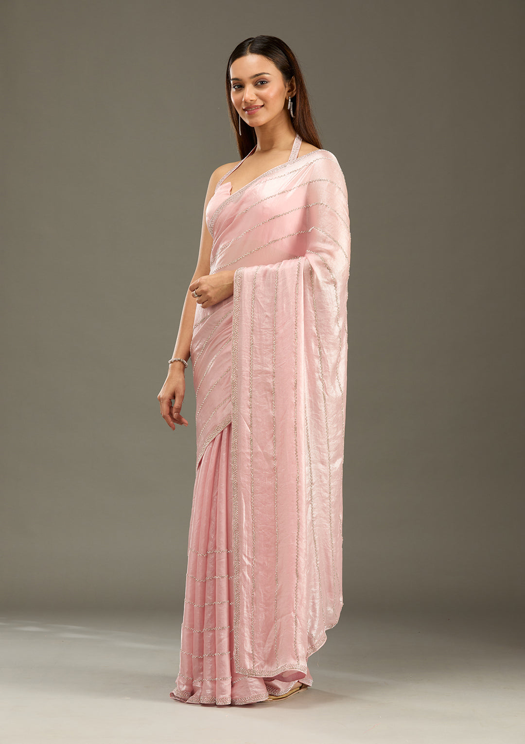 Gajari Pink Zariwork (Gold) Chinon Saree