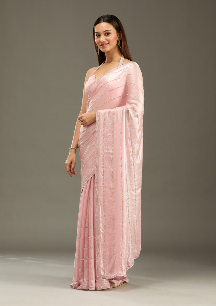 Gajari Pink Zariwork (Gold) Chinon Saree