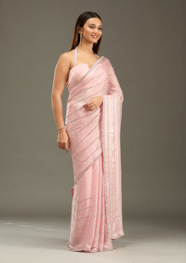Gajari Pink Zariwork (Gold) Chinon Saree