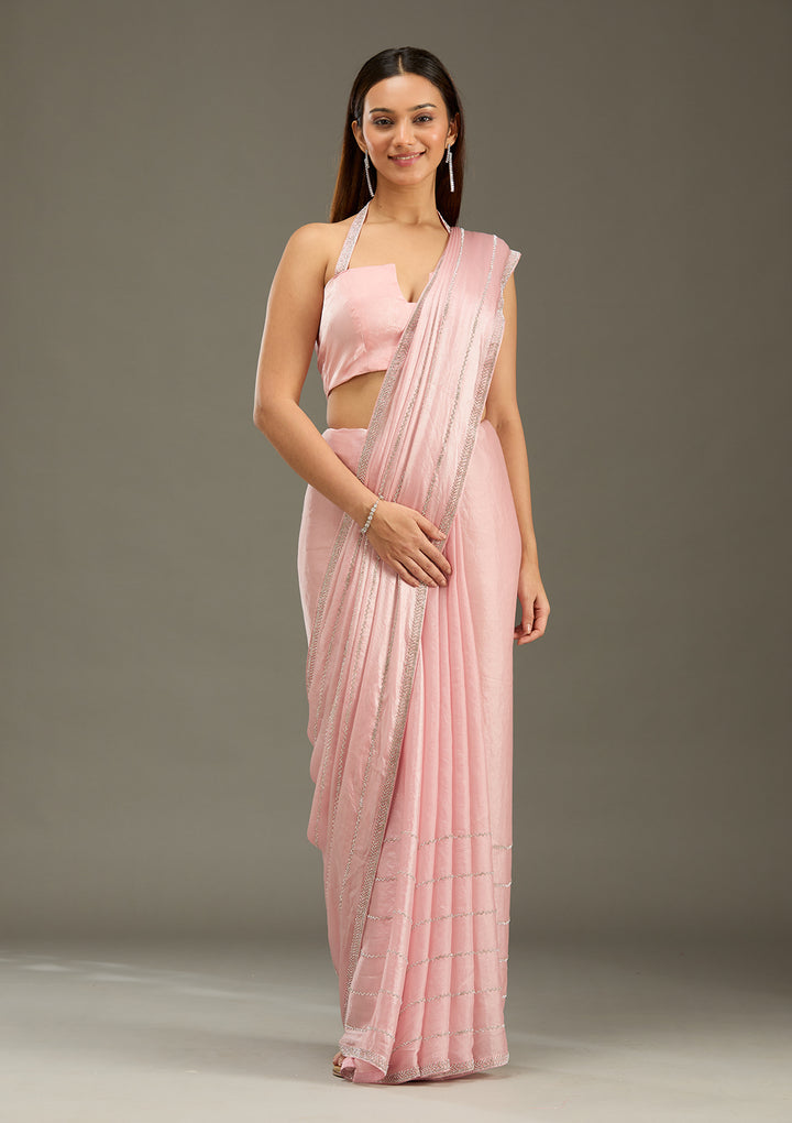 Gajari Pink Zariwork (Gold) Chinon Saree