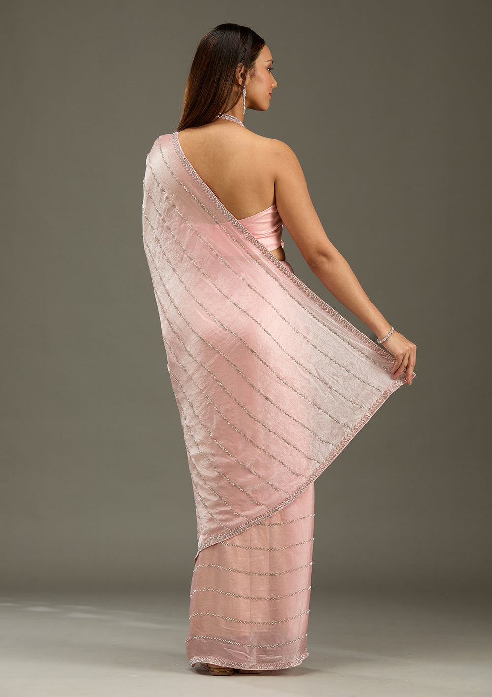 Gajari Pink Zariwork (Gold) Chinon Saree
