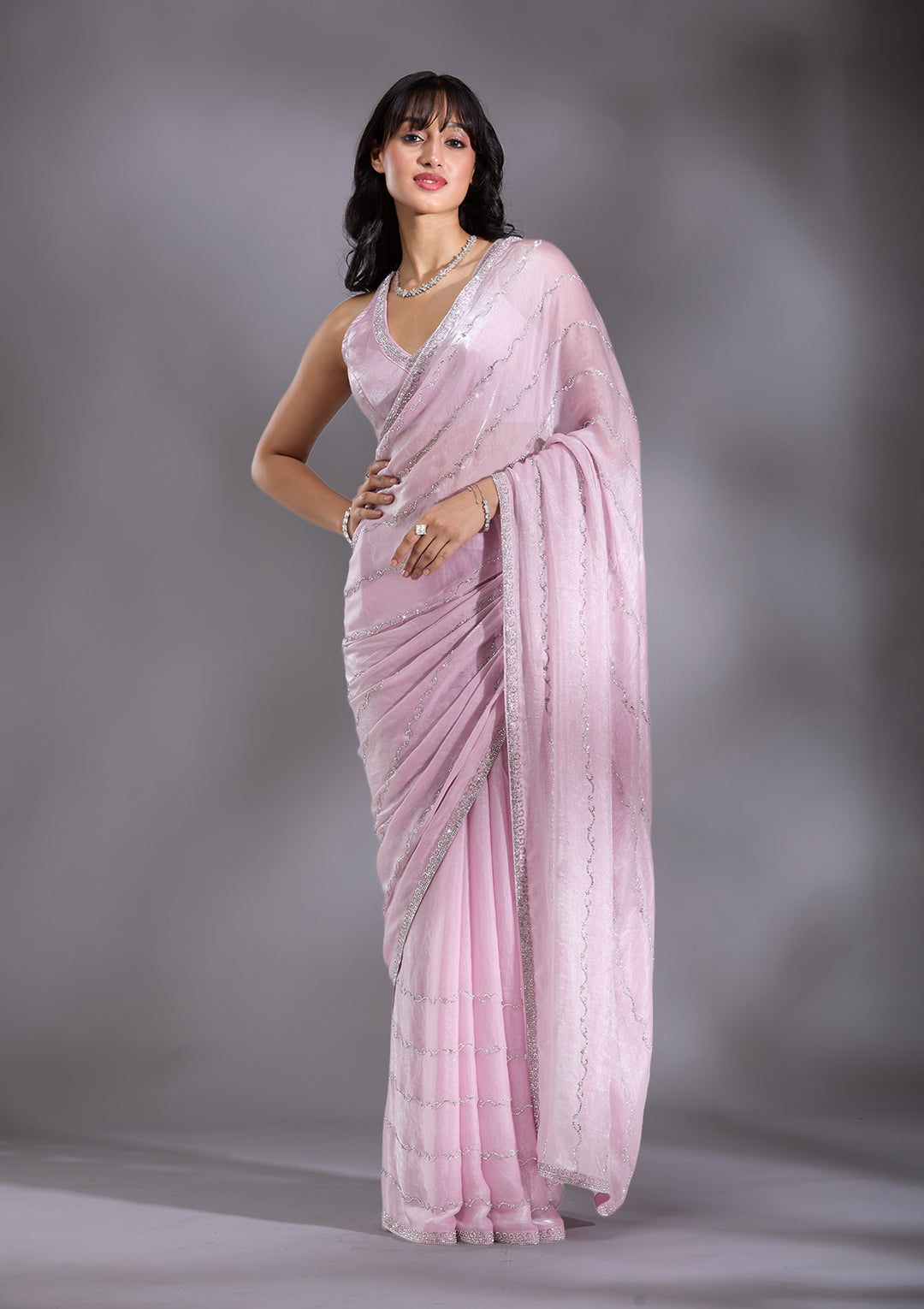 Onion Pink Gold Zariwork Chinon Saree