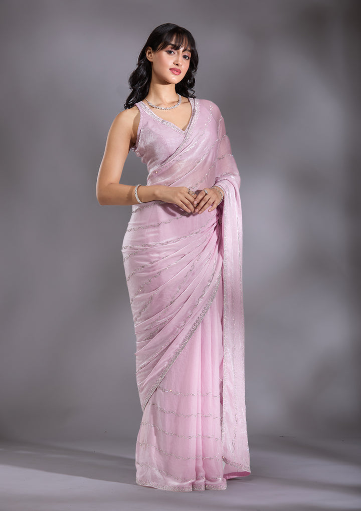 Onion Pink Gold Zariwork Chinon Saree