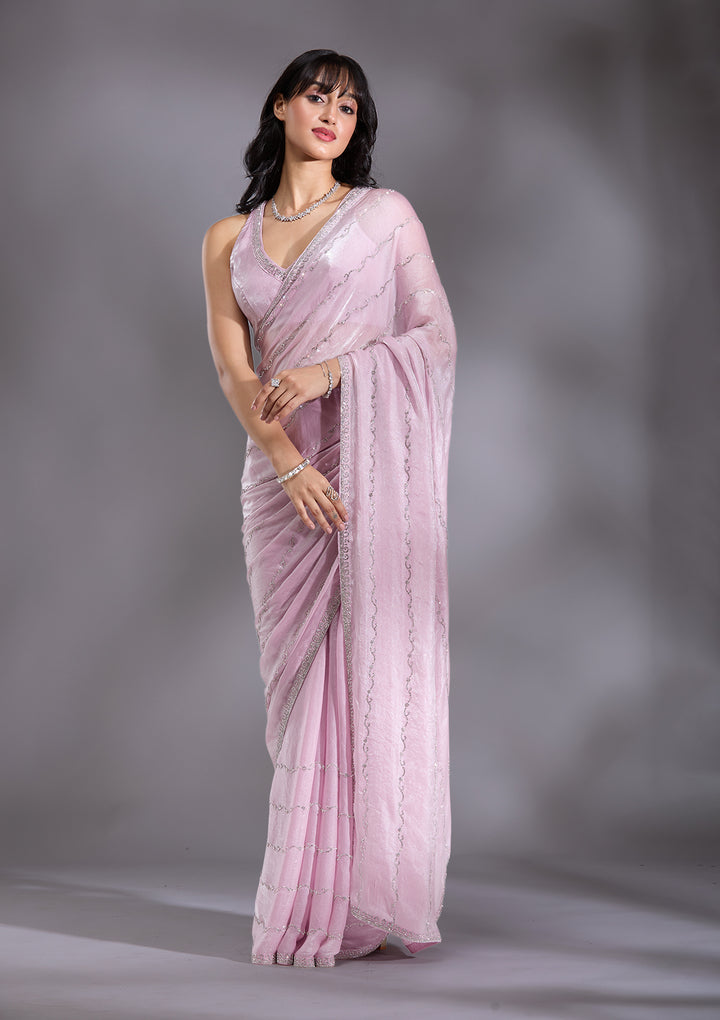 Onion Pink Gold Zariwork Chinon Saree