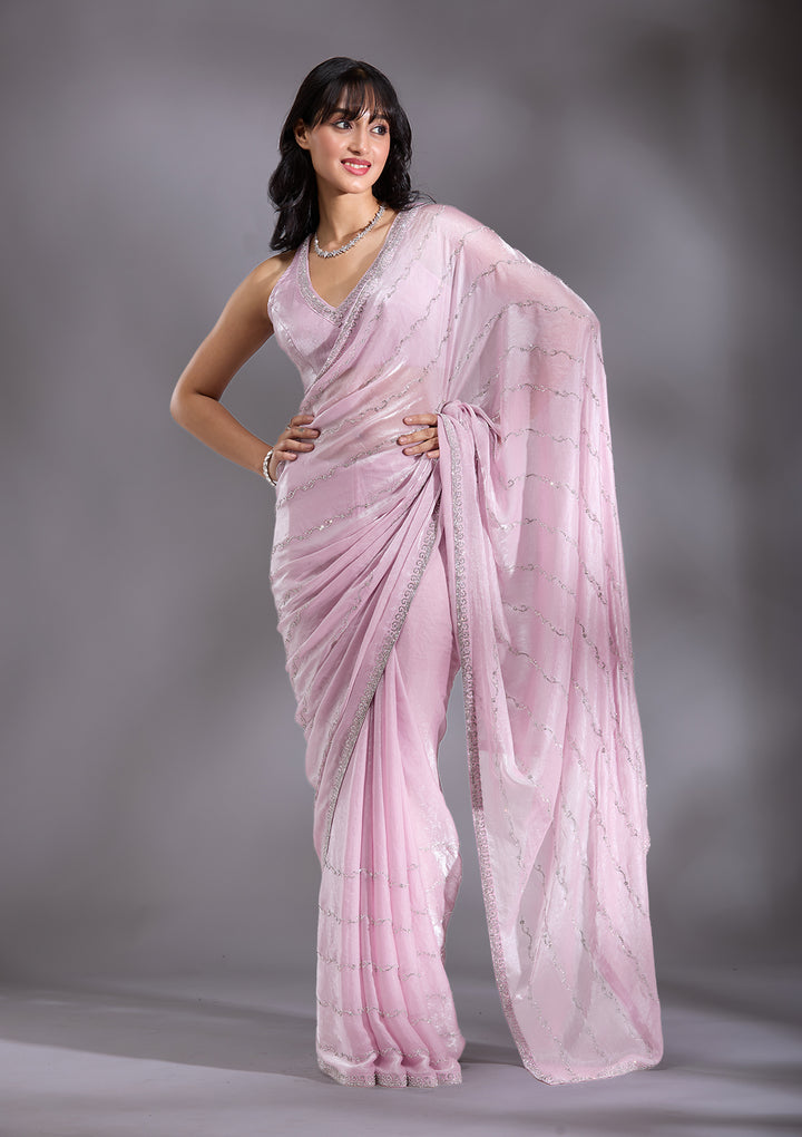 Onion Pink Gold Zariwork Chinon Saree