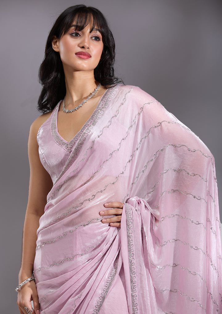 Onion Pink Gold Zariwork Chinon Saree