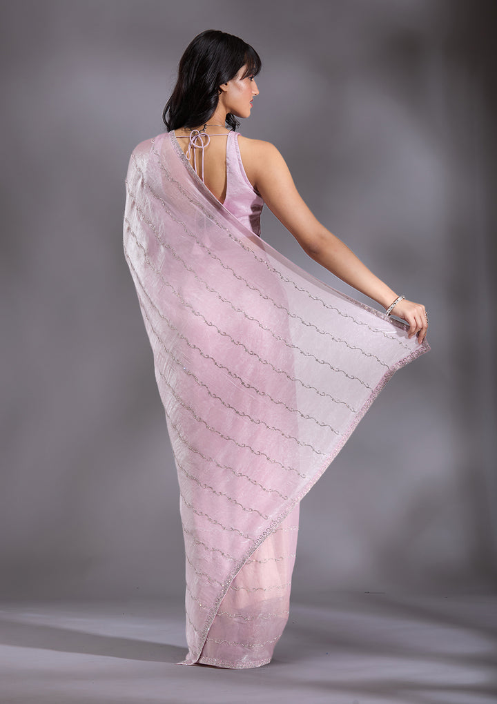 Onion Pink Gold Zariwork Chinon Saree