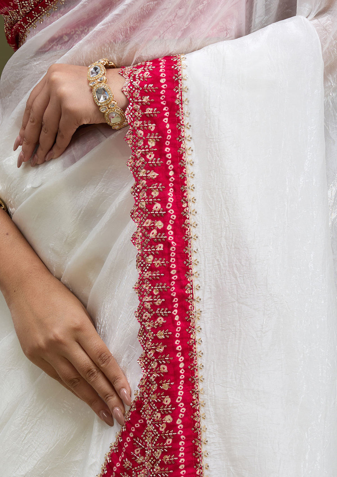 White Printed Satin Saree