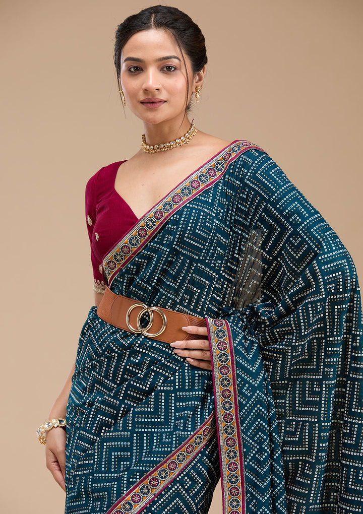 Teal Green Printed Soft Raw Silk Saree