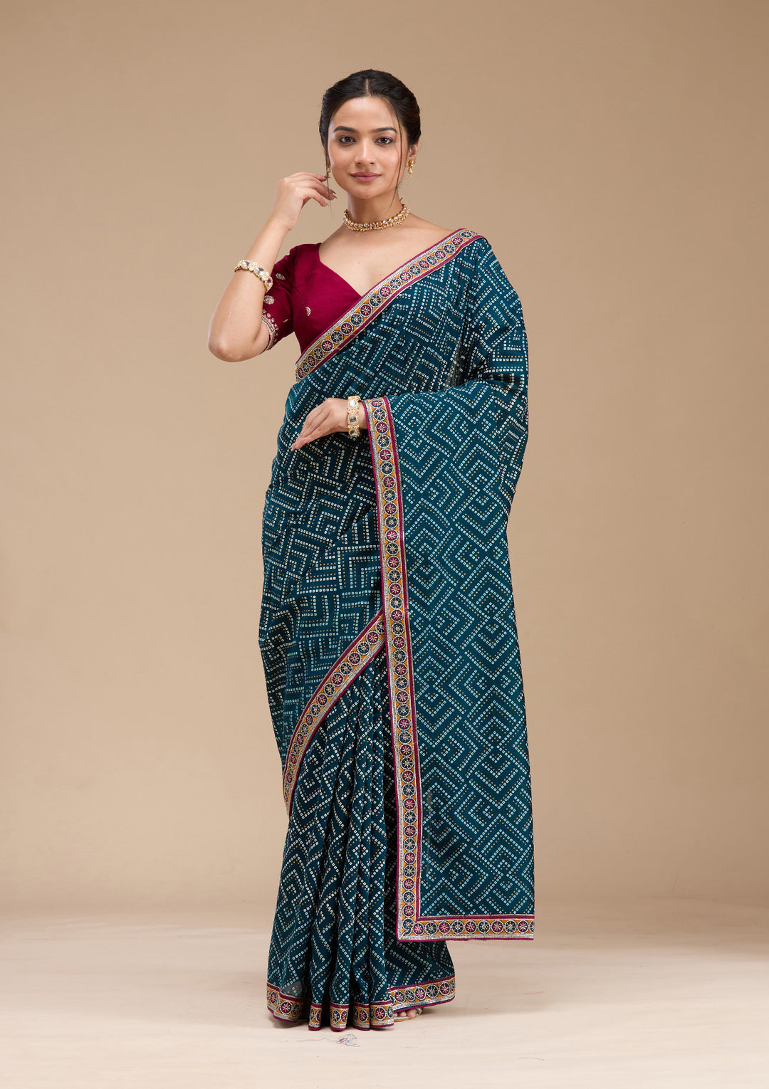 Teal Green Printed Soft Raw Silk Saree