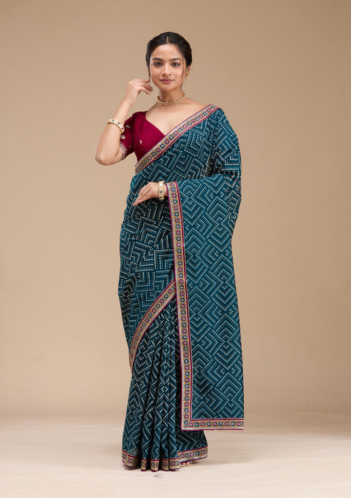 Teal Green Printed Soft Raw Silk Saree