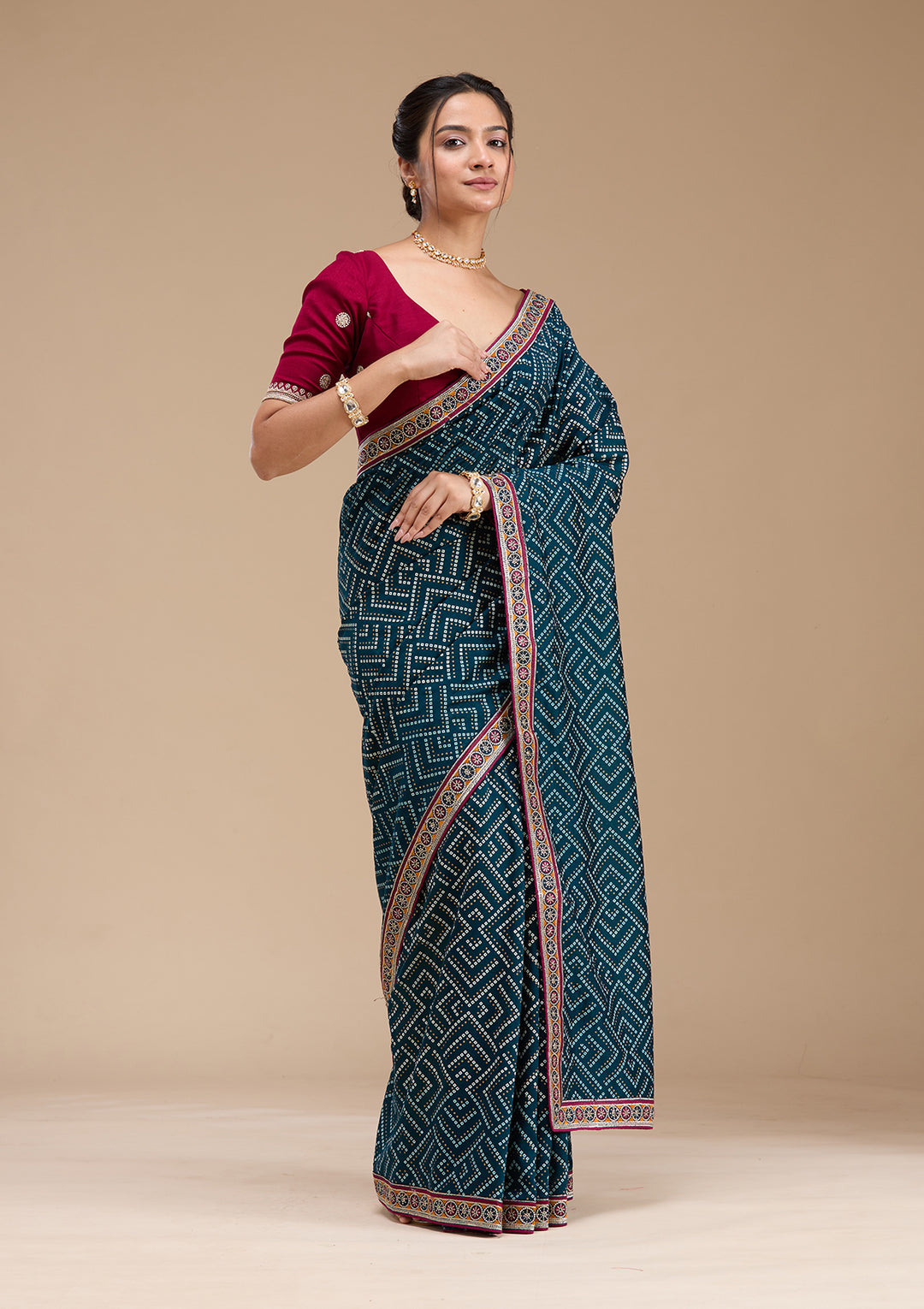 Teal Green Printed Soft Raw Silk Saree