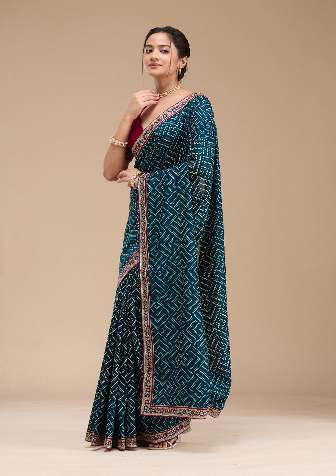 Teal Green Printed Soft Raw Silk Saree