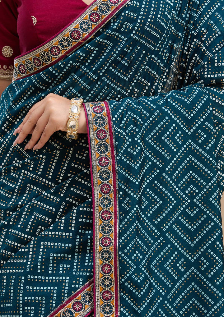Teal Green Printed Soft Raw Silk Saree