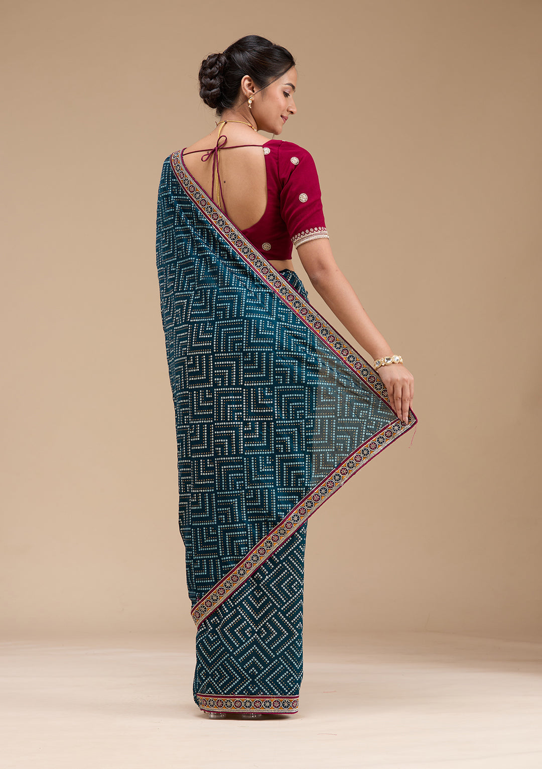 Teal Green Printed Soft Raw Silk Saree