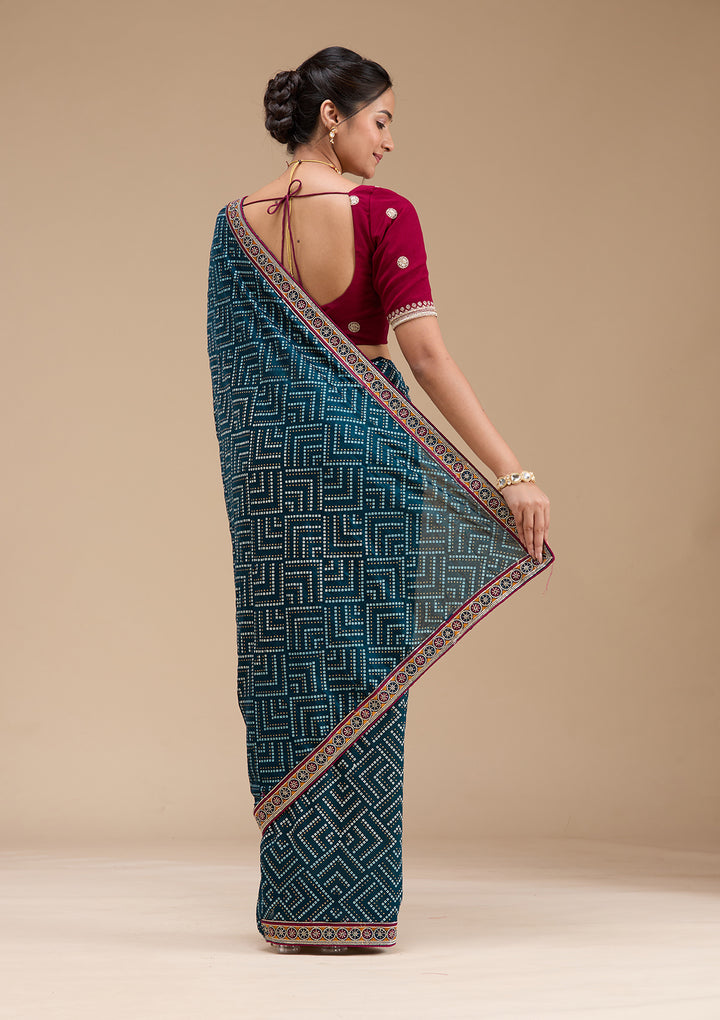 Teal Green Printed Soft Raw Silk Saree