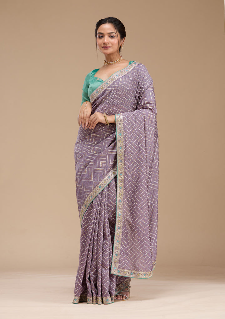 Lavender Printed Soft Raw Silk Saree