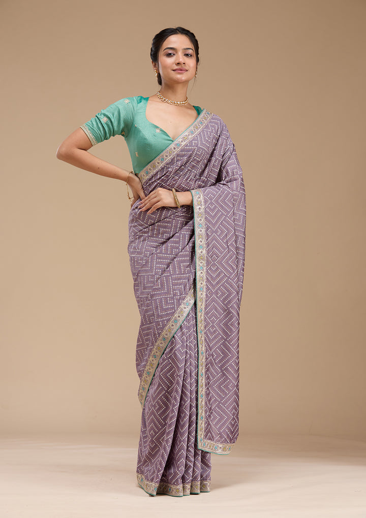 Lavender Printed Soft Raw Silk Saree