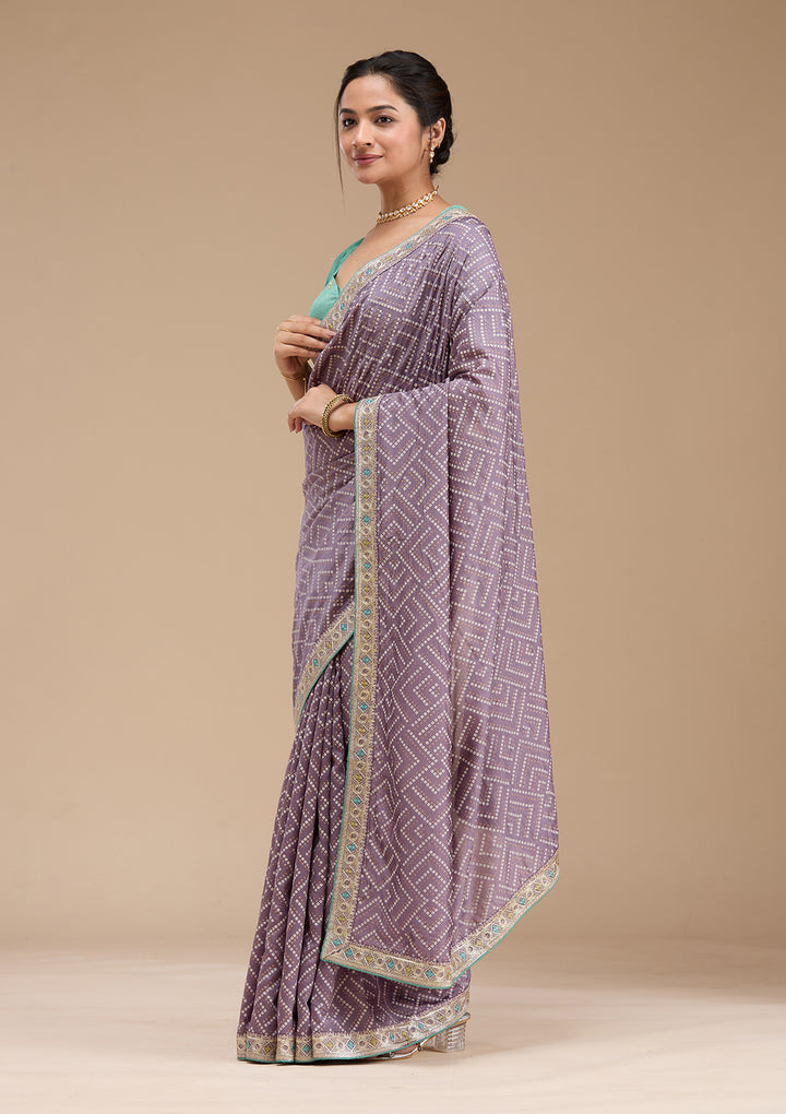 Lavender Printed Soft Raw Silk Saree