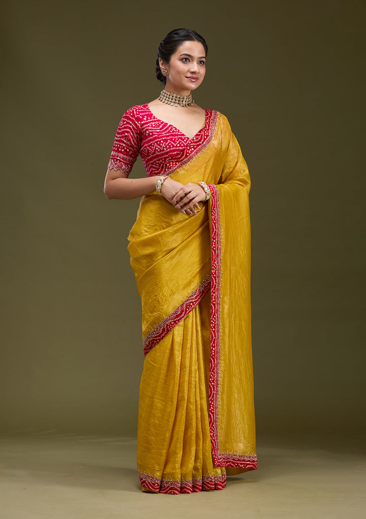 Mustard Printed Satin Saree