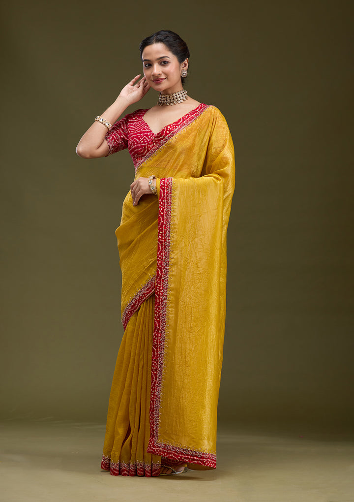 Mustard Printed Satin Saree