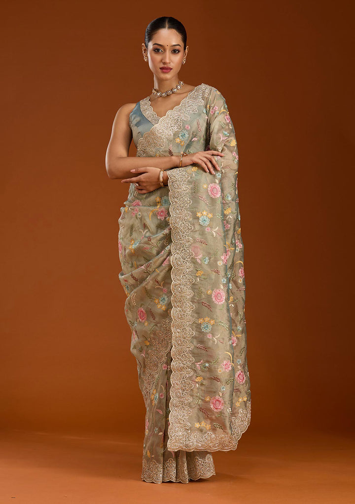 Sky Blue Cording Tissue Saree