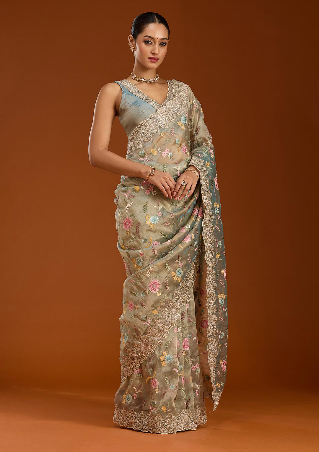 Sky Blue Cording Tissue Saree
