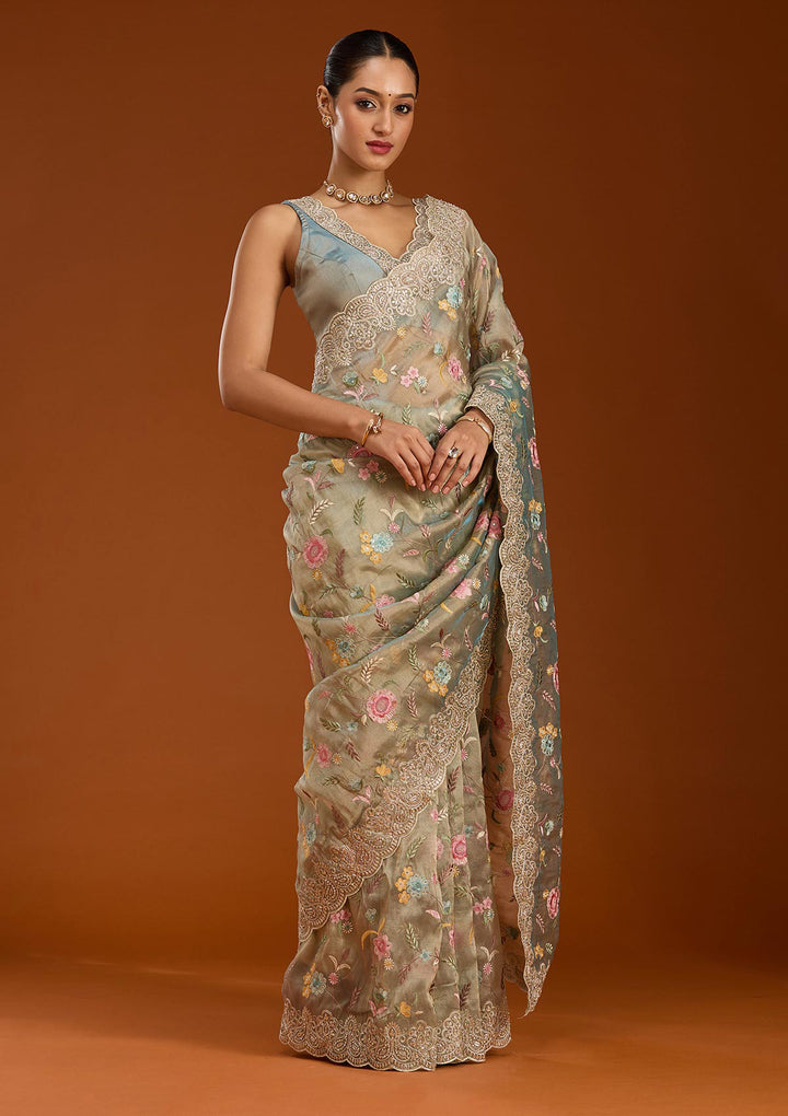 Sky Blue Cording Tissue Saree