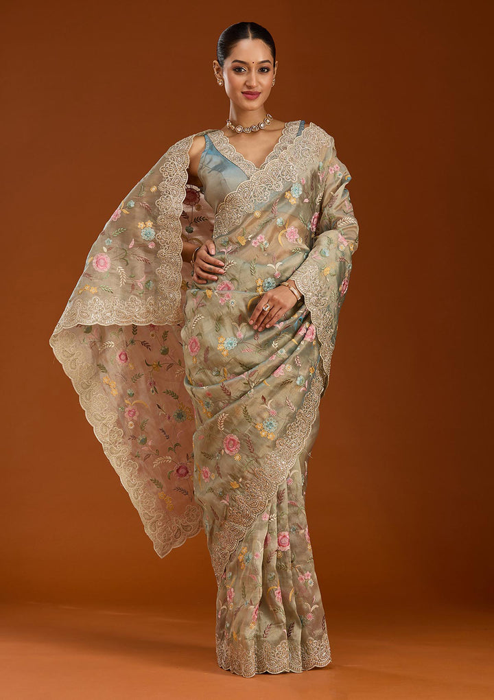 Sky Blue Cording Tissue Saree