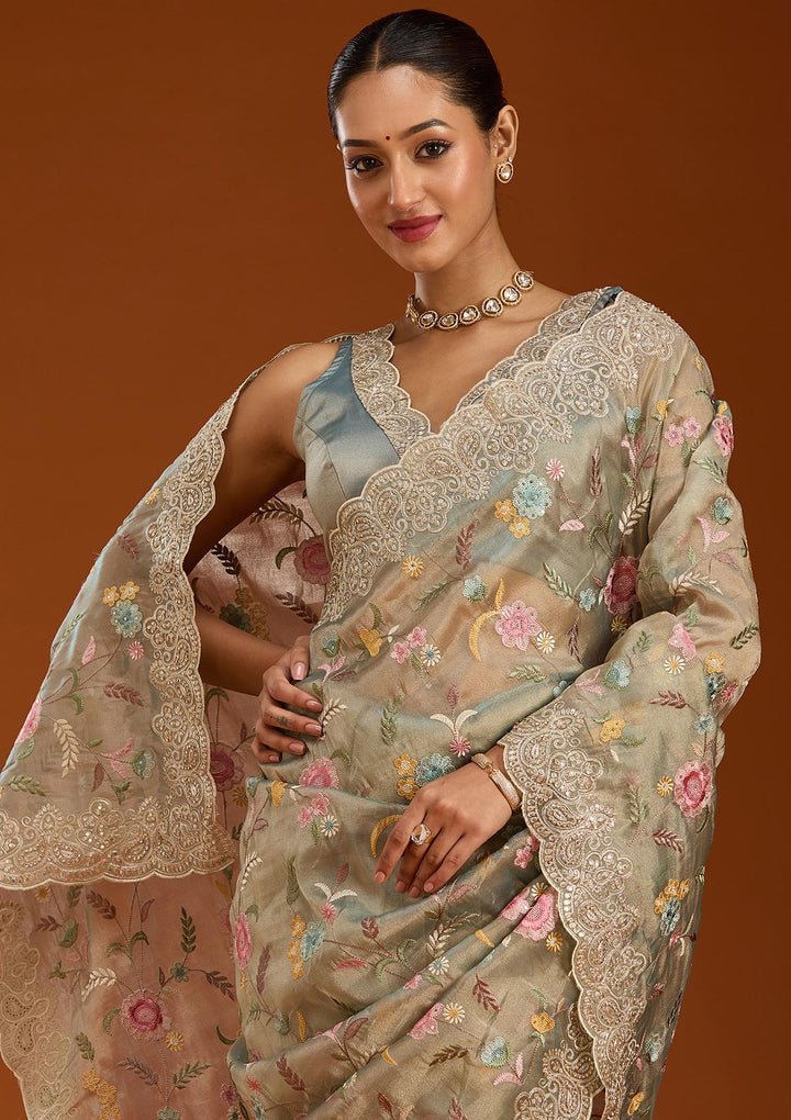Sky Blue Cording Tissue Saree