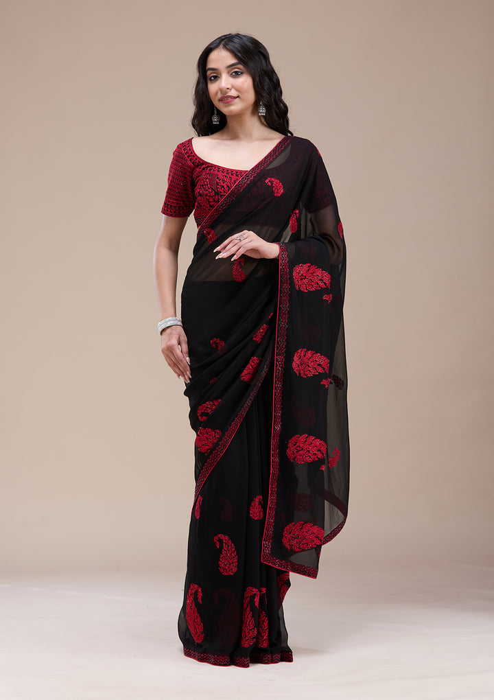 Black Threadwork Georgette Saree