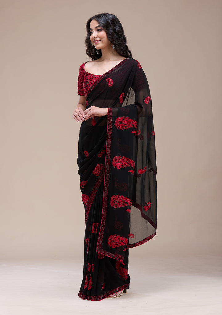 Black Threadwork Georgette Saree