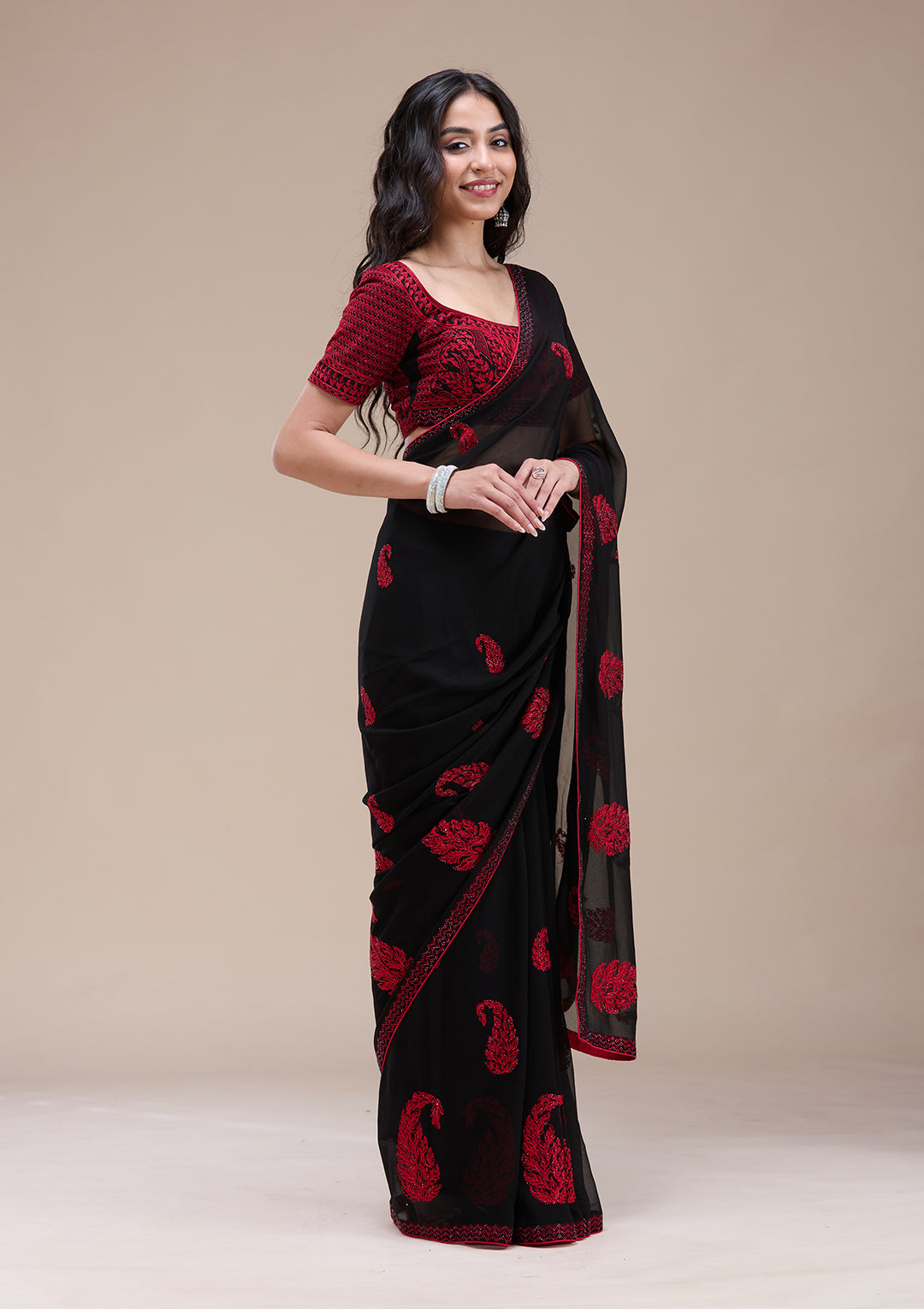 Black Threadwork Georgette Saree
