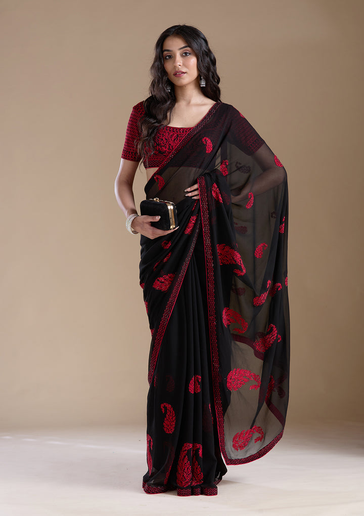 Black Threadwork Georgette Saree