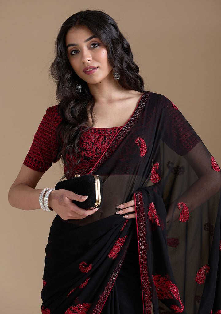 Black Threadwork Georgette Saree