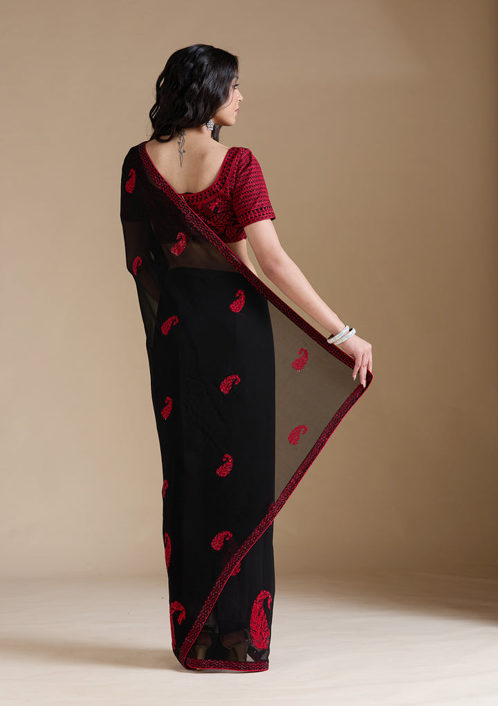 Black Threadwork Georgette Saree