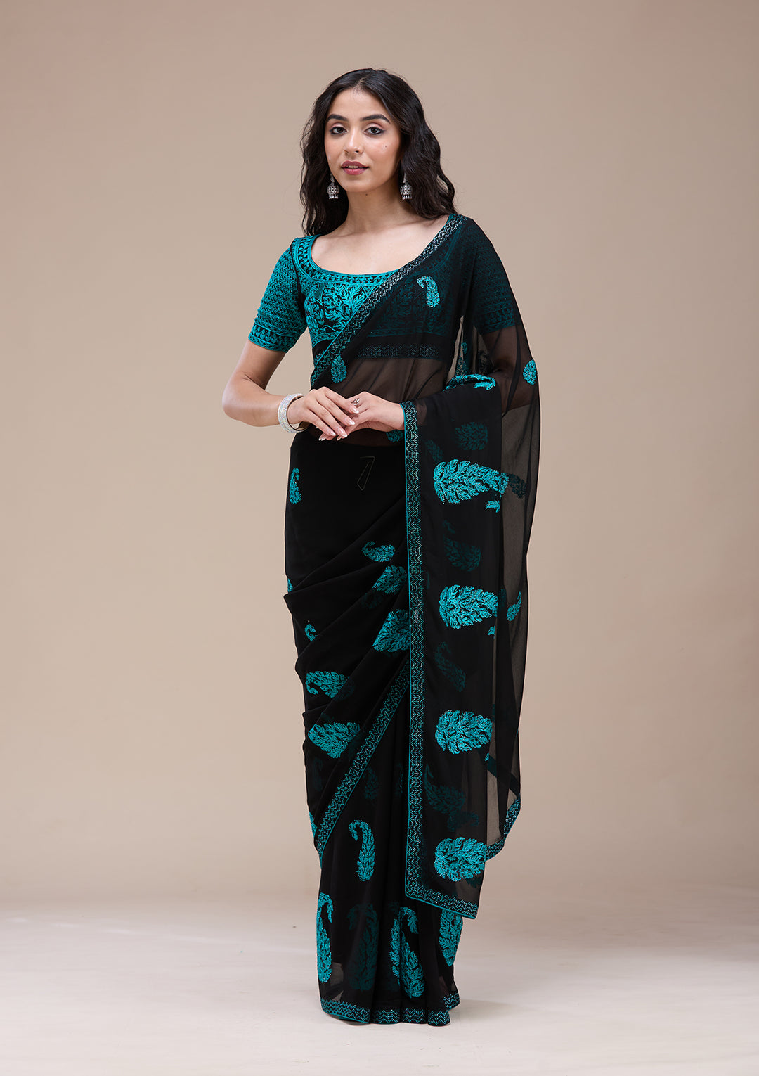 Black Threadwork Georgette Saree