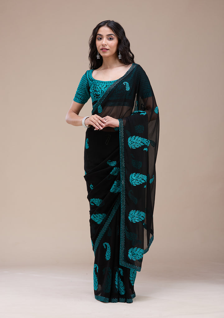 Black Threadwork Georgette Saree