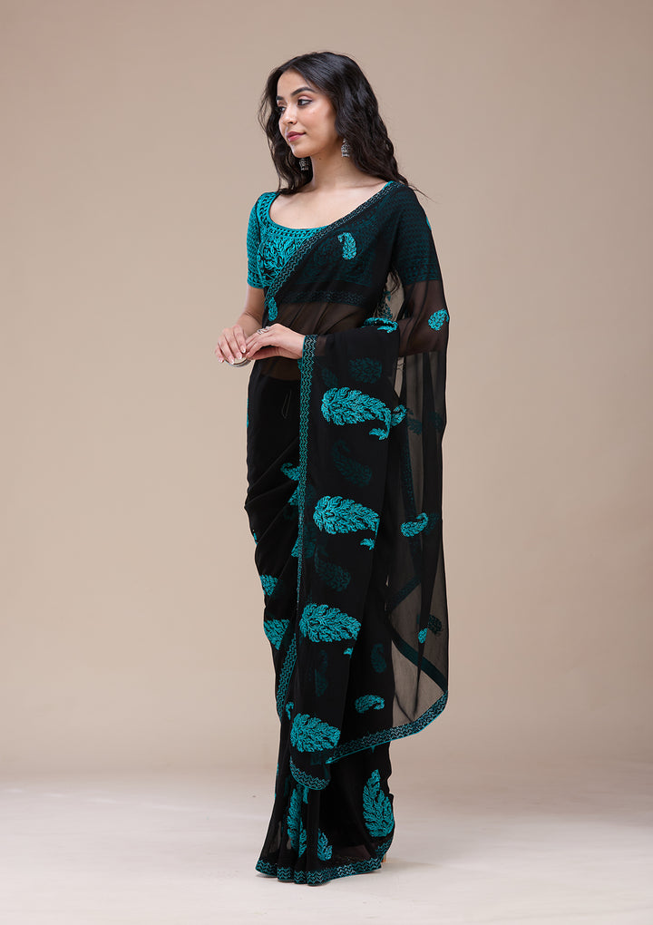 Black Threadwork Georgette Saree