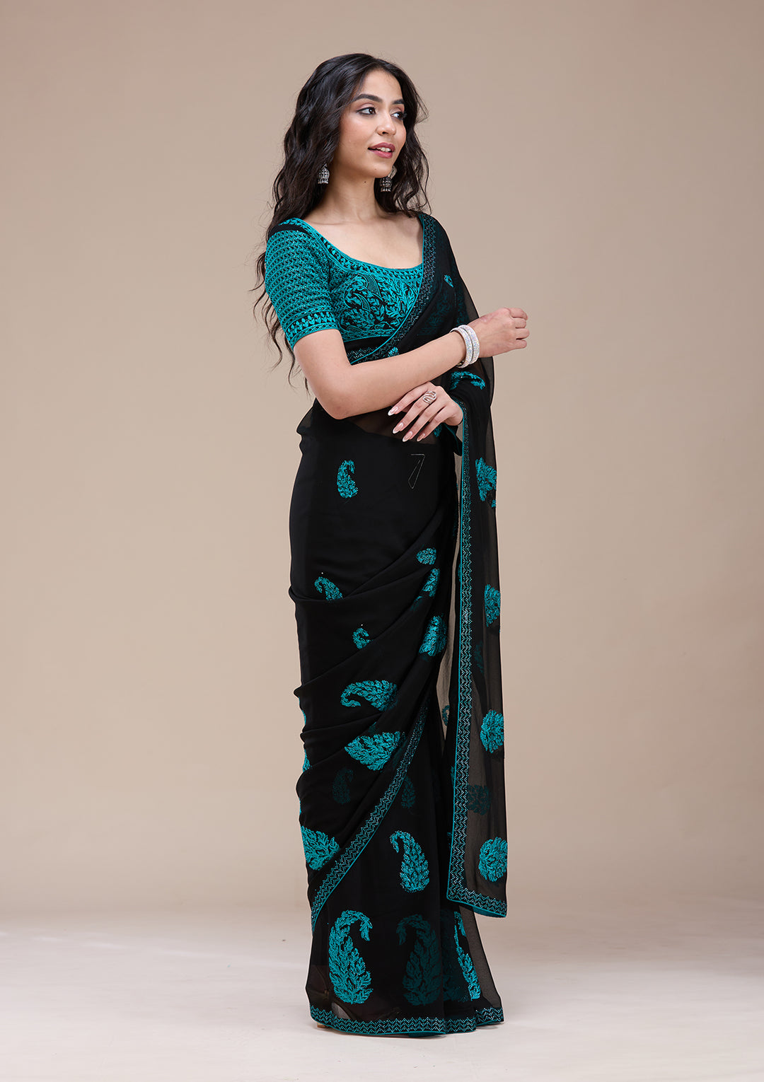 Black Threadwork Georgette Saree