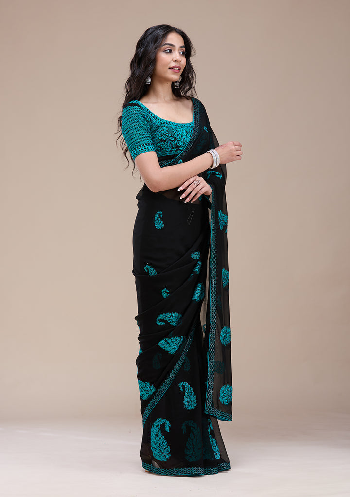 Black Threadwork Georgette Saree