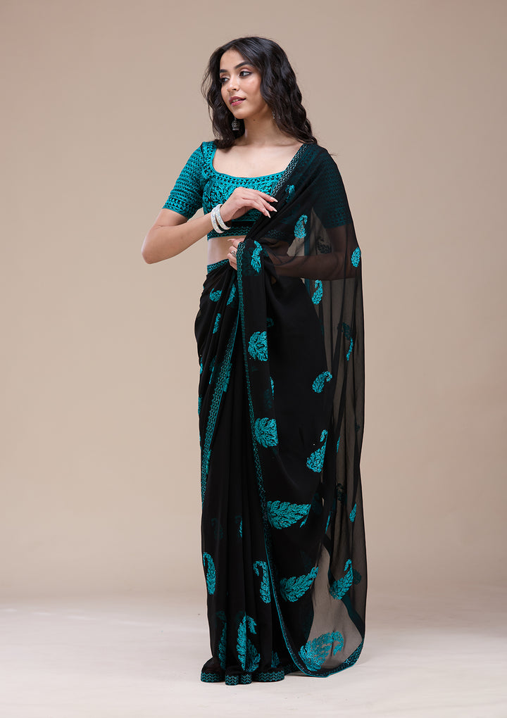 Black Threadwork Georgette Saree