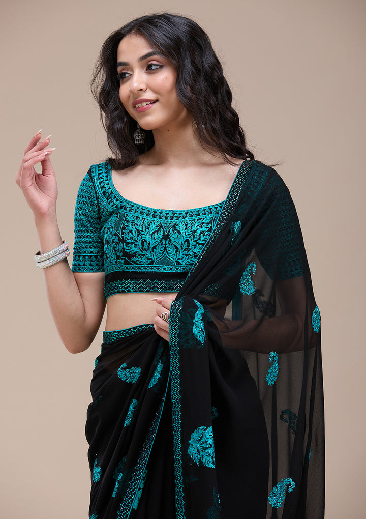 Black Threadwork Georgette Saree