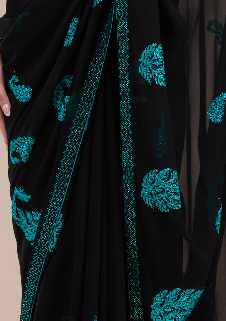 Black Threadwork Georgette Saree
