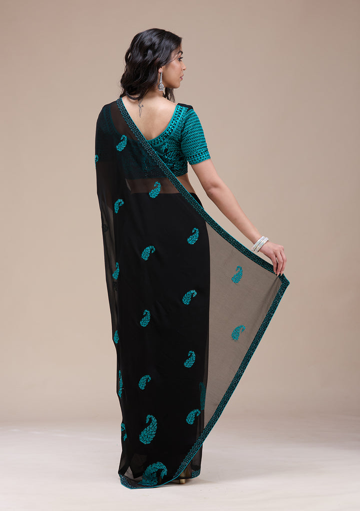Black Threadwork Georgette Saree